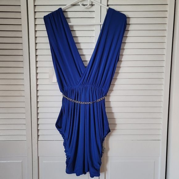 FASHION MAGAZINE V-Neck Jersey Dress w. Gold Chain Belt, Size L - Picture 3 of 5